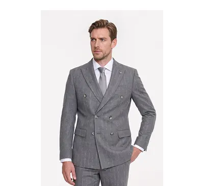 Slim Fit Dar Kesim Kırlangıç Yaka Kapak Cepli Çizgili Kruvaze Gri Takım Elbise