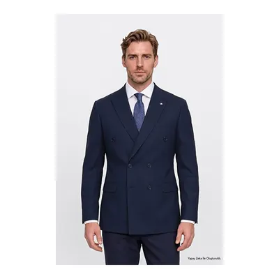 Slim Fit Dar Kesim Kırlangıç Yaka Kapak Cepli Esnek Kruvaze Lacivert Takım Elbise
