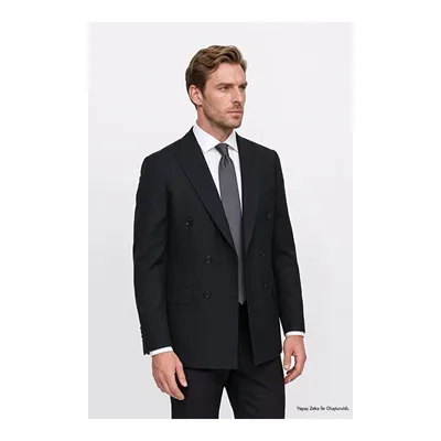 Yünlü Slim Fit Dar Kesim Kırlangıç Yaka Kapak Cepli Kruvaze Siyah Takım Elbise