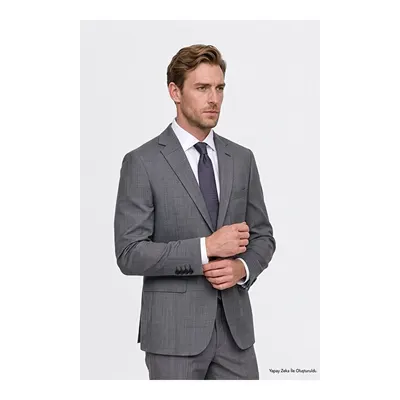 Yünlü Slim Fit Dar Kesim Mono Yaka Kapak Cepli Desenli Esnek Antrasit Takım Elbise