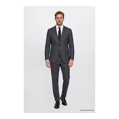 Slim Fit Dar Kesim Mono Yaka Kapak Cepli Desenli Esnek Siyah-Gri Takım Elbise
