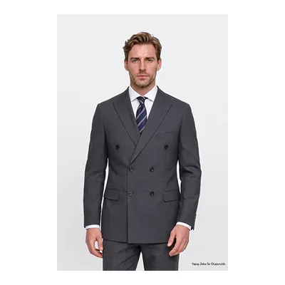 Slim Fit Dar Kesim Kırlangıç Yaka Desenli Kapak Cepli Kruvaze Gri-Bej Takım Elbise