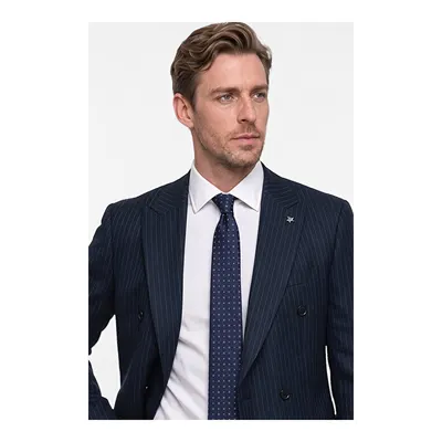 360 Her Yöne Esneyen Slim Fit Dar Kesim Kırlangıç Yaka Kapak Cepli Çizgili Kruvaze Lacivert-Beyaz Takım Elbise