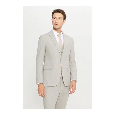 Yünlü Slim Fit Dar Kesim Mono Yaka Kapak Cepli Bej Yelekli Takım Elbise