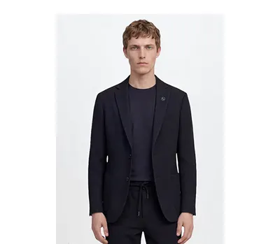 Slim Fit Mono Yaka Torba Cepli Gofre Desenli Esnek Lacivert Takım Elbise
