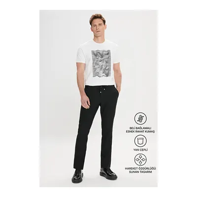 Slim Fit Dar Kesim Beli Bağlamalı Yan Cep Gofre Desenli Siyah Pantolon