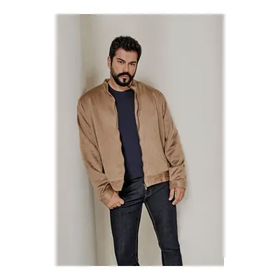 Standart Fit Normal Kesim Dik Yaka Süet Ceket Bej Mont