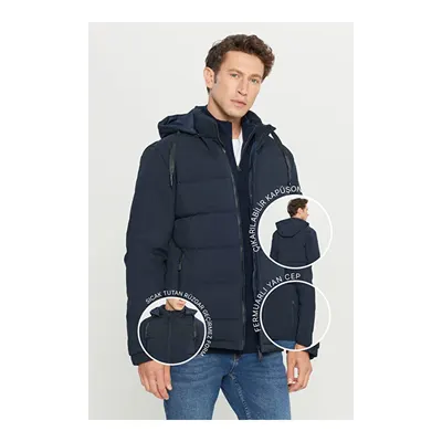 Standart Fit Normal Kesim Dik Yaka Kapüşonlu Yan Cepli Casual Lacivert Mont
