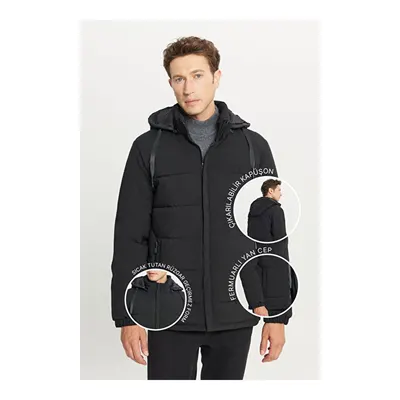 Standart Fit Normal Kesim Dik Yaka Kapüşonlu Yan Cepli Casual Siyah Mont
