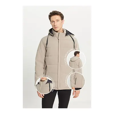 Standart Fit Normal Kesim Dik Yaka Kapüşonlu Yan Cepli Casual Vizon Mont