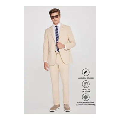 Slim Fit Dar Kesim Mono Yaka Beli Bağlamalı Kapak Cepli Esnek Bej Takım Elbise