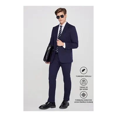 Slim Fit Dar Kesim Mono Yaka Beli Bağlamalı Kapak Cepli Esnek Lacivert Takım Elbise