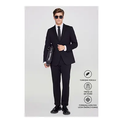 Slim Fit Dar Kesim Mono Yaka Beli Bağlamalı Kapak Cepli Esnek Siyah Takım Elbise