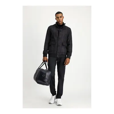 Koyu Antrasit Slim Fit Dar Kesim Kareli Yünlü Bomber Ceket Mont