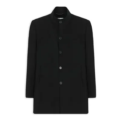 Siyah Slim Fit Dar Kesim Dik Yaka Cepli Yünlü Klasik Kaban
