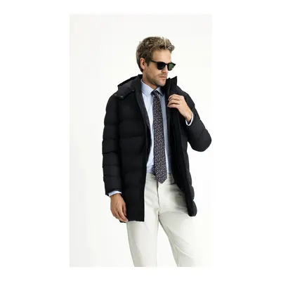 Koyu Lacivert Slim Fit Dar Kesim Kapüşonlu Spor Şişme Kaban