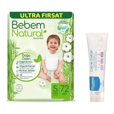 Bebem Natural Bebek Bezi 5 Beden Junior 11-18 Kg 72li Ultra Paket + Mustela Bebek Pişik Kremi 50 ml
