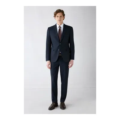 Koyu Lacivert 4 Drop Relaxed Fit Rahat Kesim Mono Yaka Yünlü Takım Elbise