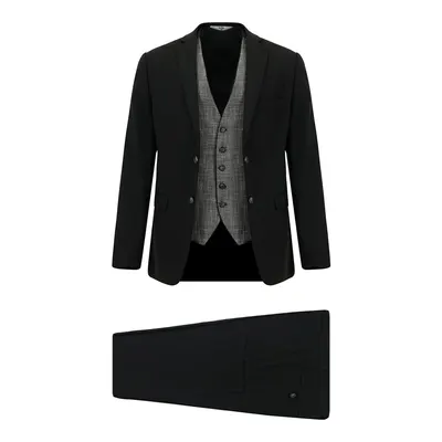 Siyah 7 Drop Slim Fit Dar Kesim Yelekli Takım Elbise