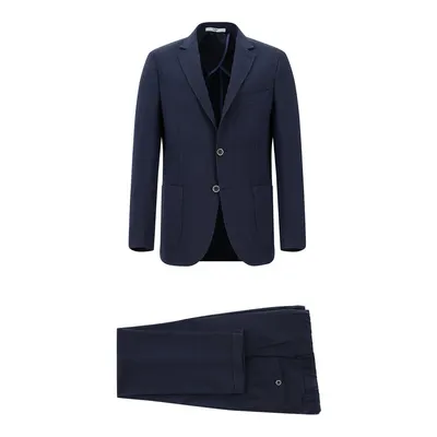 Koyu Lacivert 7 Drop Slim Fit Dar Kesim Çizgili Beli Lastikli İpli Takım Elbise