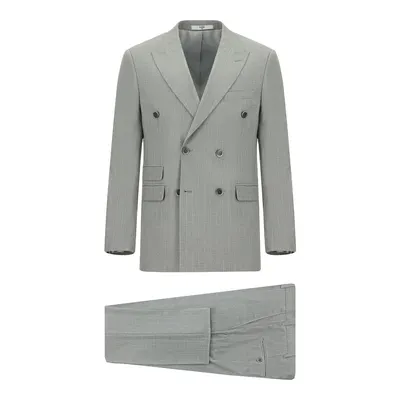 Orta Gri 7 Drop Slim Fit Dar Kesim Çizgili Kruvaze Takım Elbise