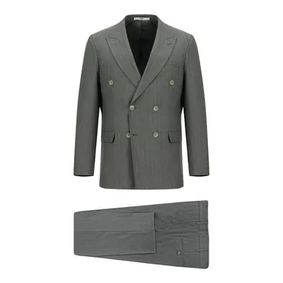 Orta Füme 7 Drop Slim Fit Dar Kesim Çizgili Kruvaze Takım Elbise