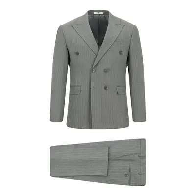 Orta Füme 7 Drop Slim Fit Dar Kesim Çizgili Kruvaze Takım Elbise