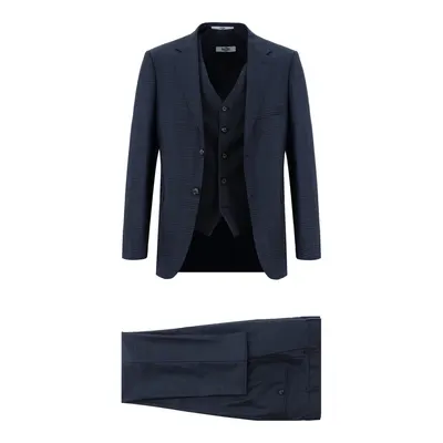 Koyu Lacivert 7 Drop Super Slim Fit Ekstra Dar Kesim Ekose Yelekli Kombinli Takım Elbise