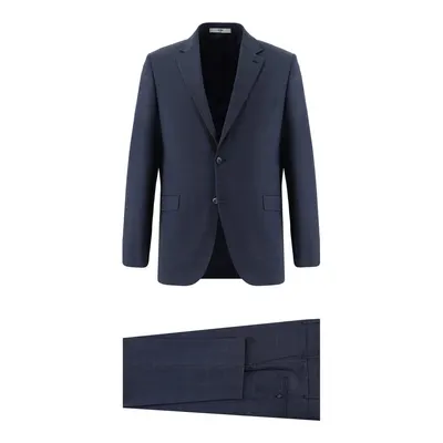 Orta Lacivert 4 Drop Relaxed Fit Rahat Kesim Yünlü Ekose Takım Elbise