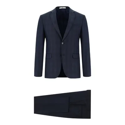 Orta Lacivert 7 Drop Super Slim Fit Ekstra Dar Kesim Kombinli Ekose Takım Elbise