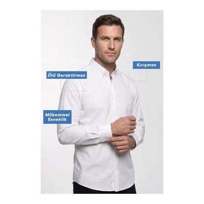 Beyaz Uzun Kol Slim Fit Düğmeli Yaka Pamuklu Non Iron Ütü Gerektirmeyen Gömlek