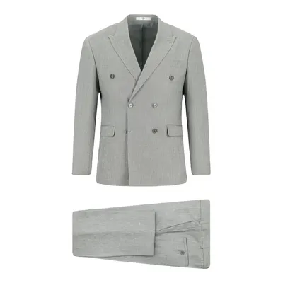 Orta Gri 7 Drop Slim Fit Dar Kesim Keten Karışımlı Sivri Yaka Kruvaze Takım Elbise