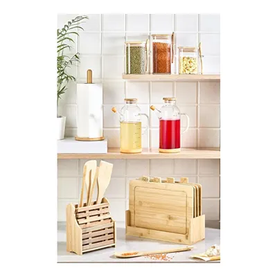 Lora Bianca 20 Parça Tezgah Üstü Bambu Set - Kesme Tahtası, Yağdanlık, Kavanoz, Havluluk, Kaşıklık, Nihale Seti