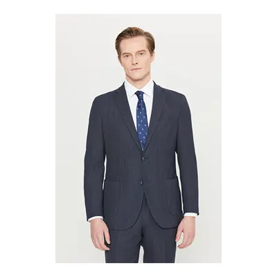 Yünlü Slim Fit Dar Kesim Mono Yaka Torba Cepli Desenli Esnek Lacivert Takım Elbise