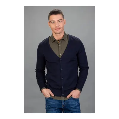 Lacivert Slim Fit Düğmeli Düz Pamuk Erkek Mavi Hırka