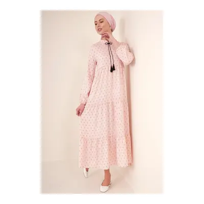 Bigdart Pembe 1627 Yaka Bağcıklı Tesettür Elbise - Pudra