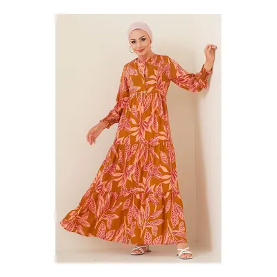Bigdart Kahverengi 2145 Desenli Tesettür Elbise - Taba