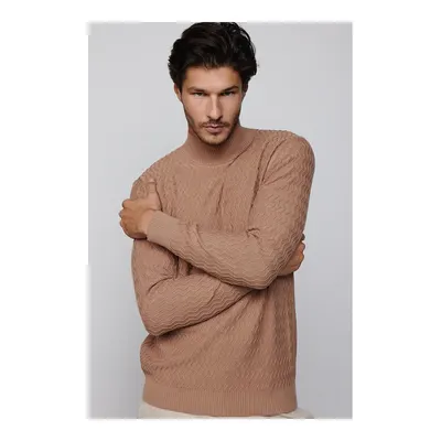 Slim Fit Dar Kesim Yarım Balıkçı Yaka Desenli Tüylenmeyen Bej Erkek Triko Kazak