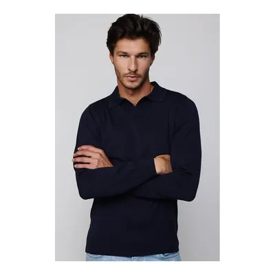 Erkek Standart Fit Normal Kesim Polo V Yaka Lacivert Triko Kazak