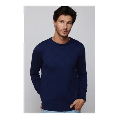 Slim Fit Bisiklet Yaka Desenli Lacivert Erkek Triko Kazak