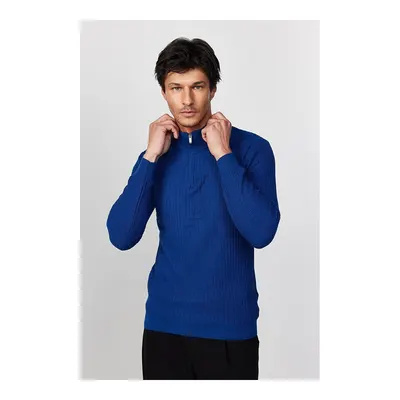 Slim Fit Dar Kesim Dik Yaka Fermuarlı Desenli Saks Mavi Erkek Triko Kazak