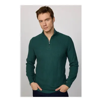 Slim Fit Dar Kesim Dik Yaka Fermuarlı Desenli Yeşil Erkek Triko Kazak