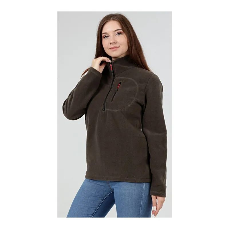 Genius Store Haki Kadın Polar Yarım Fermuarlı Outdoor Cepli Spor Polar, görsel 1