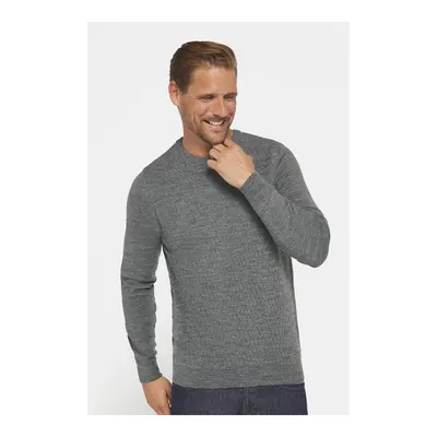 Slim Fit Bisiklet Yaka Kendinden Desenli Gri Erkek Triko Kazak