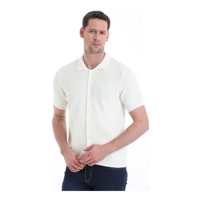 Ekru Regular Fit Düz Düğmeli Kısa Kollu Triko Hırka