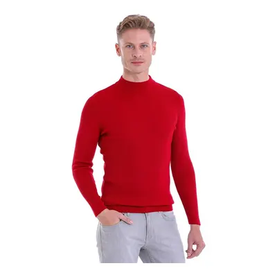 Kırmızı Slim Fit Fitilli Yarım Balıkçı Yaka Yünlü Kazak