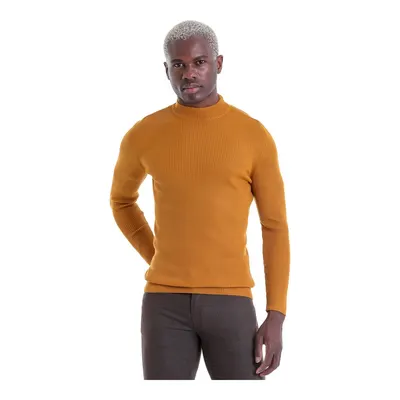 Sarı Safran Slim Fit Fitilli Yarım Balıkçı Yaka Yünlü Kazak
