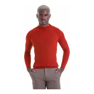 Turuncu Slim Fit Fitilli Yarım Balıkçı Yaka Yünlü Kazak