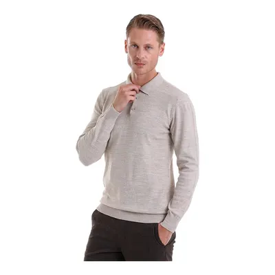 Bej Regular Fit Düz Polo Yaka Triko Kazak