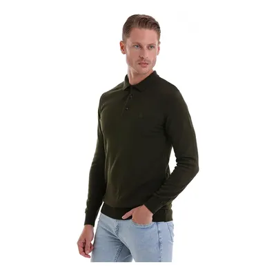 Haki Regular Fit Düz Polo Yaka Triko Kazak